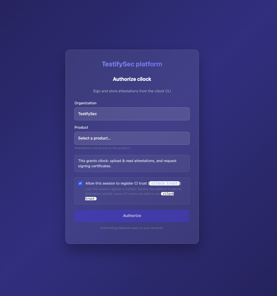 The CI/lock platform authorize screen