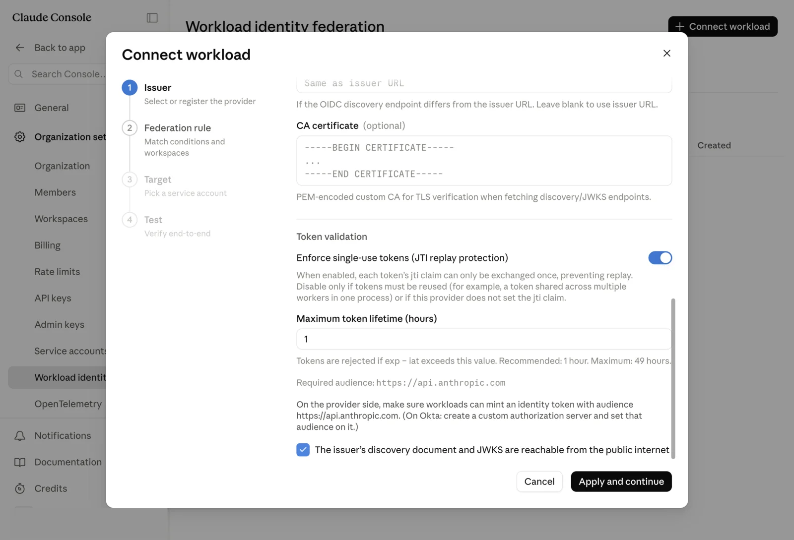 Registering the platform as a WIF issuer in the Claude Console