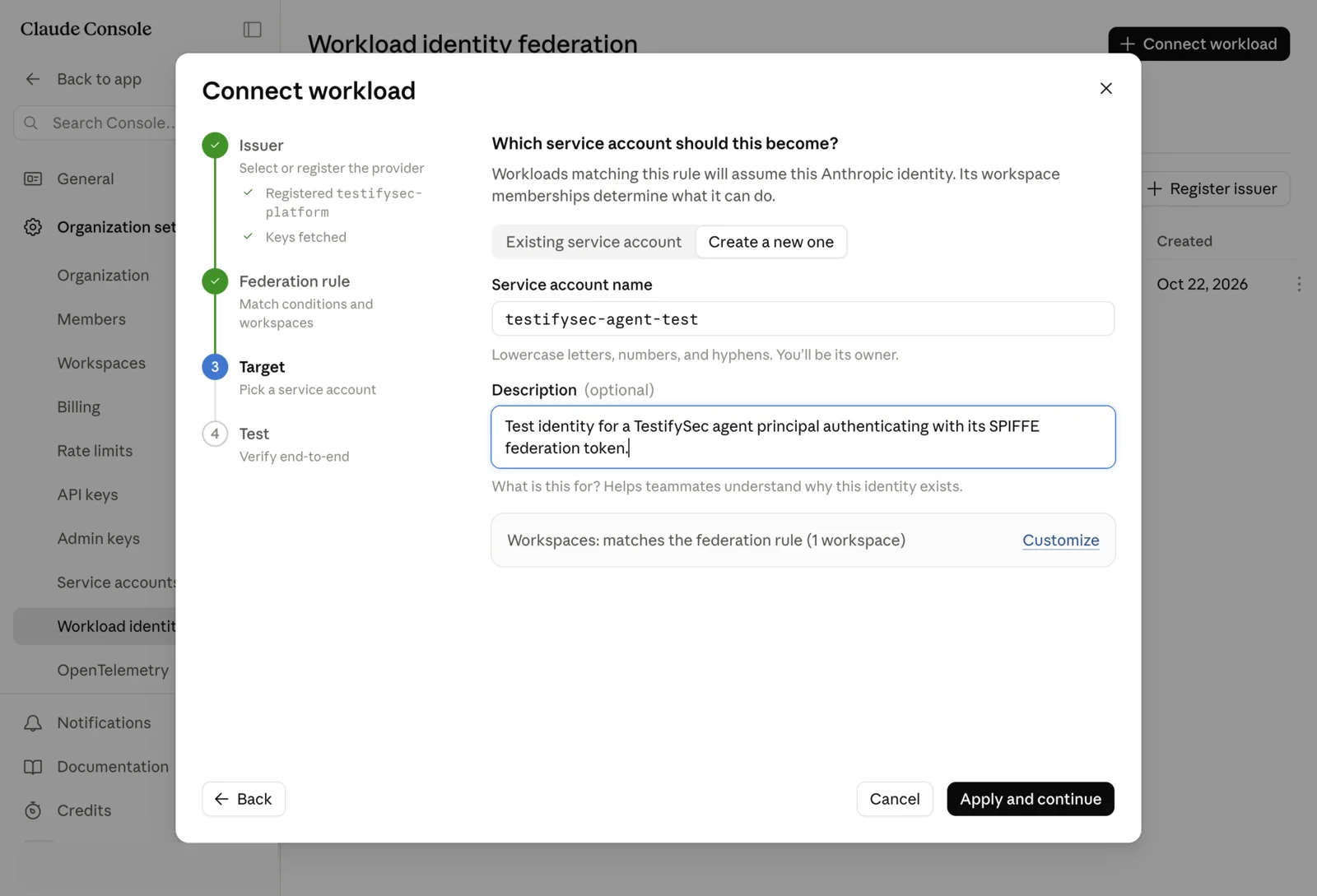 Creating the target service account