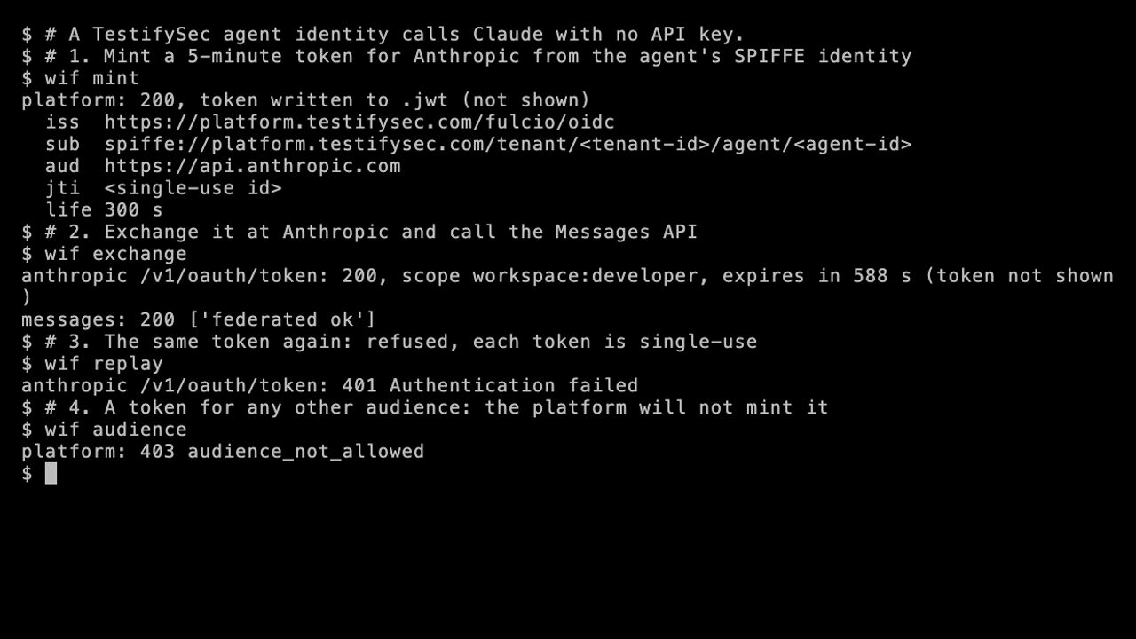 Video: an agent identity mints a token, exchanges it, calls Claude, and is refused on replay and on a foreign audience