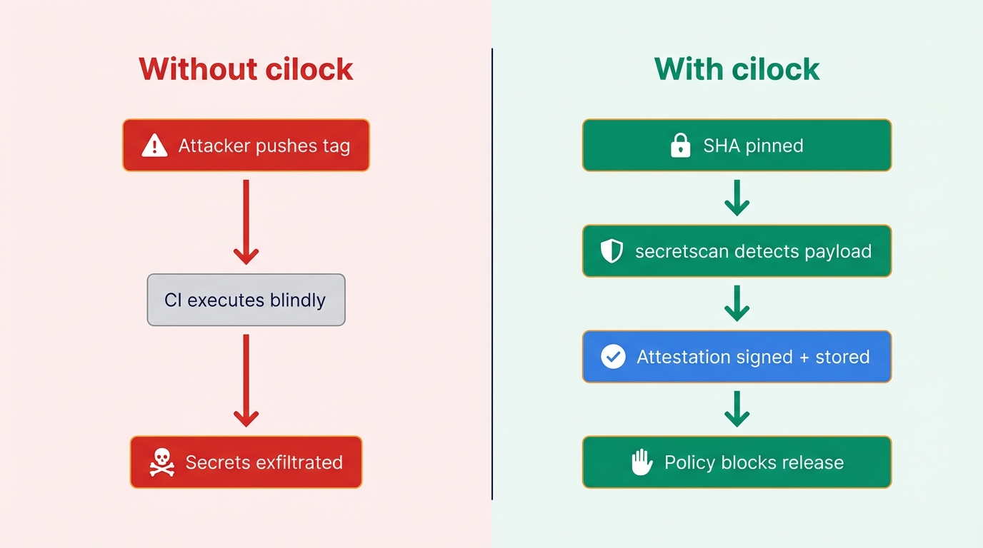 Without CI/lock: attacker pushes tag → CI executes blindly → secrets exfiltrated. With CI/lock: SHA pinned → secretscan detects payload → attestation signed and stored → policy blocks release